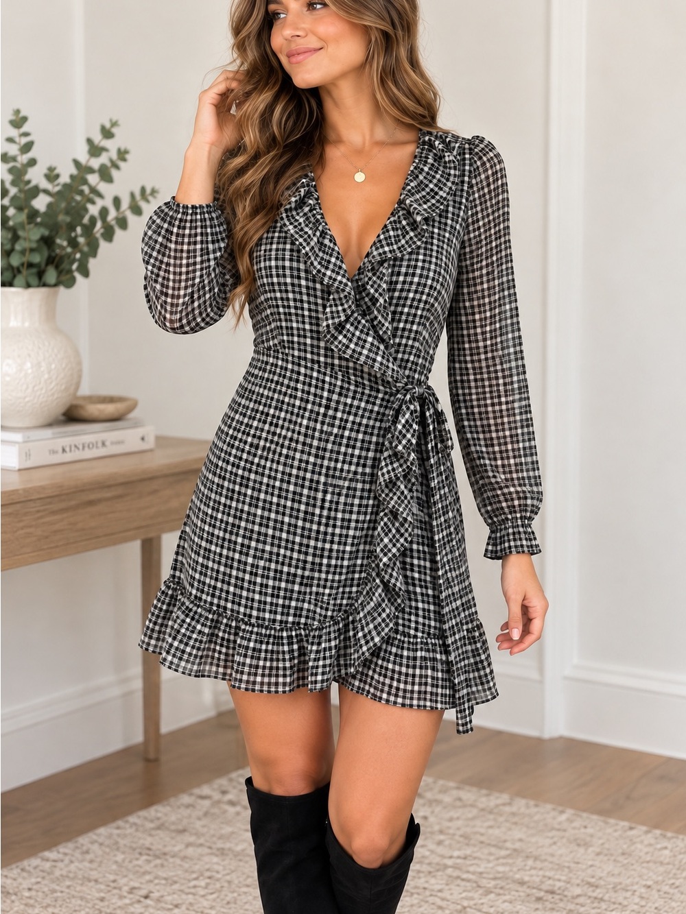 Plaid Ruffle Wrap Mini Dress Small Black White Long Sleeve Dark Academia Preppy